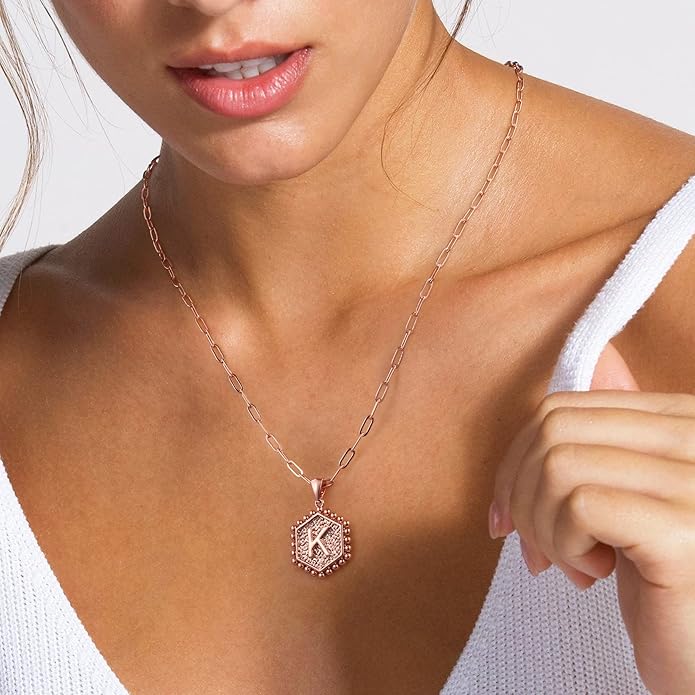M MOOHAM Valentines Gifts for Women Teen Girls, 14K-Gold-Plated Initial Necklaces for Women Cute Hexagon Letter Initial Necklace Layered Necklaces for Womens Teen Girl Valentines Jewelry Gifts