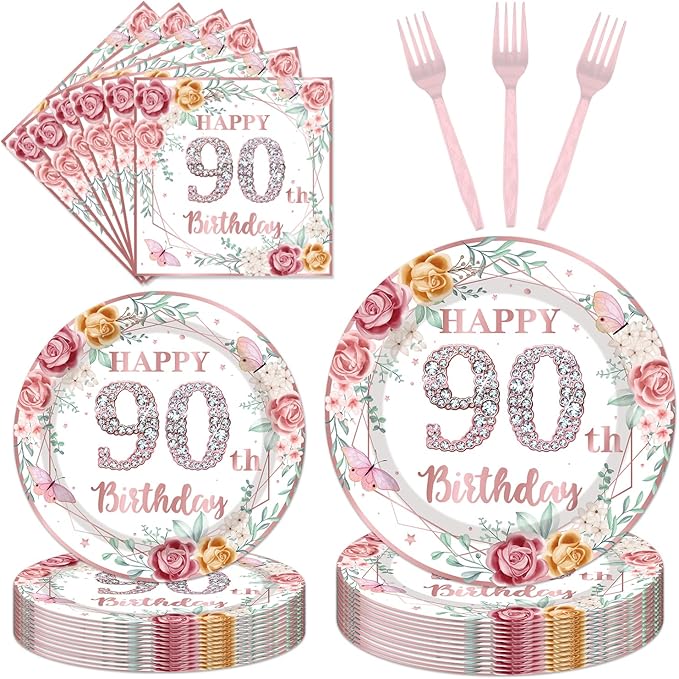 96Pcs 90th Birthday Party Decorations for Women Disposable Tableware Set -Rose Gold Floral Happy 90th Birthday Paper Plates Napkins Forks 90 Years Old Theme Party Supplies Serve 24 Guests