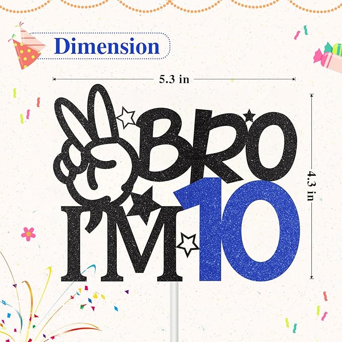 Bro I'm 10 Cake Topper, 10th Birthday Decorations for Boy, Glitter Funny 10th Birthday Cake Topper, Big Brother 10 Year Old Birthday Party Decoration Supplies