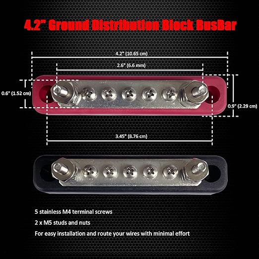 2 x #10 (M5) Studs Power Distribution Block with 5 x #8 (M4) Screws, Ampper 4.2" Bus Bar 12V Power Distribution Terminal Block Battery Busbar for Car Audio Solar (Red & Black)