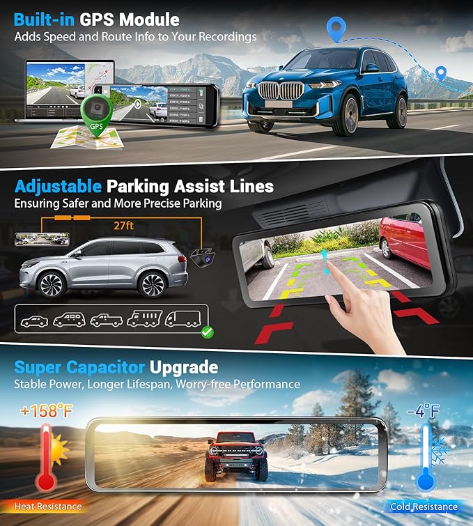 PORMIDO OEM Rear View Mirror Camera with Auto-Brightness, 11" Mirror Dash Cam with 2K Ultra-Bright Touchscreen, Detached Front Backup Rearview Zoom Built-in GPS Night Vision 64GB Card Parking Monitor