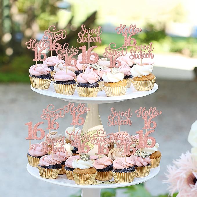 30PCS Happy 16th Birthday Cupcake Toppers Glitter Sweet Sixteen Hello 16 Cupcake Picks Cheers to 16 Birthday Decorations for 16th Anniversary Party Cake Decoration Supplies Black