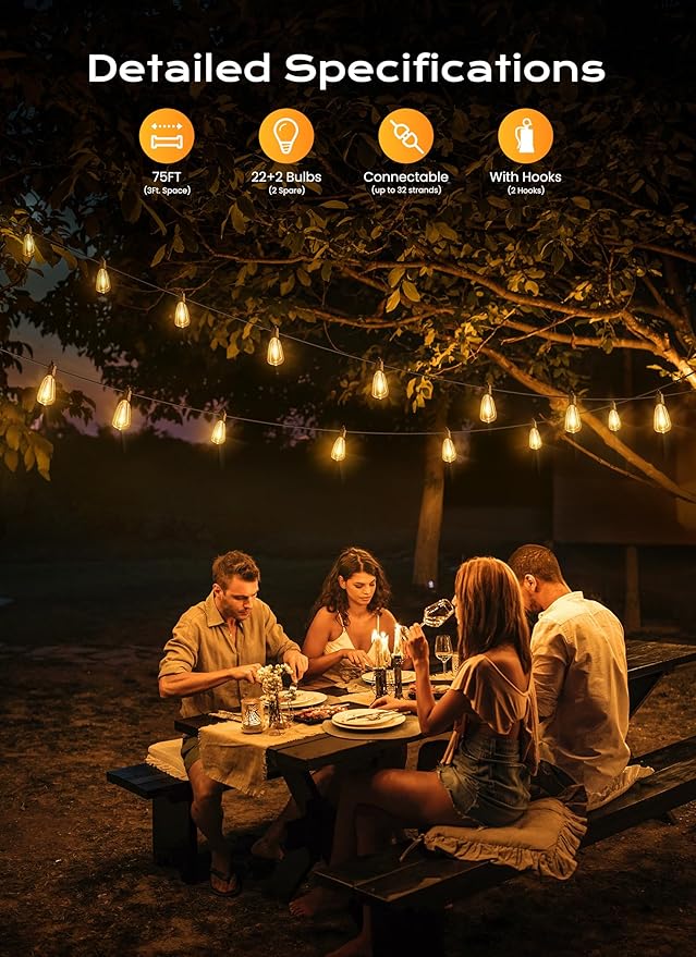 Brightown Outdoor String Lights, 75FT 22+2 LED ST38 LED Patio Lights Shatterproof, Dimmable IP65 Waterproof Connectable Hanging Outdoor Light for Backyard, Porch, Deck, Balcony