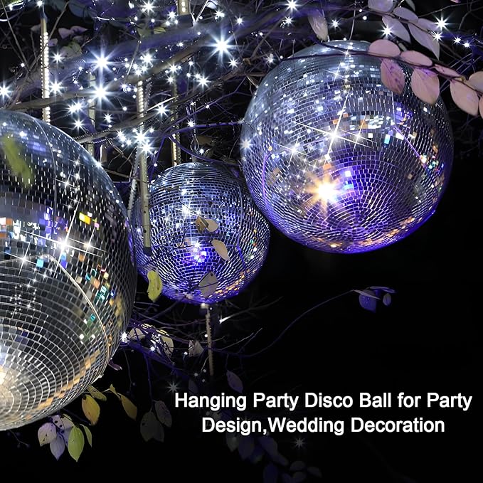 12/16/20 Large Disco Ball,Silver Hanging Party Mirror Ball with Hanging Disco Balls for DJ Club,Mirrorball with Reflective GlassParty, Wedding Decoration, Disco Ball Decor (Silver 12IN)