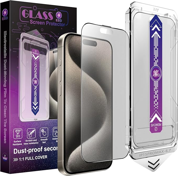 2 Pack Matte Screen Protector for iPhone 15 Pro Max, 9H Tempered Glass, Full Coverage, Anti-Fingerprint, Auto Dust-Elimination, No Bubble, Easy Installation