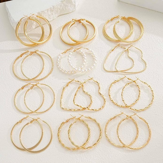 12 Pairs Chunky Gold Hoop Earrings for Women Trendy, Gold Plated Lightweight Hypoallergenic Stack, Thick Open Twisted Huggie Hoops Earring Set