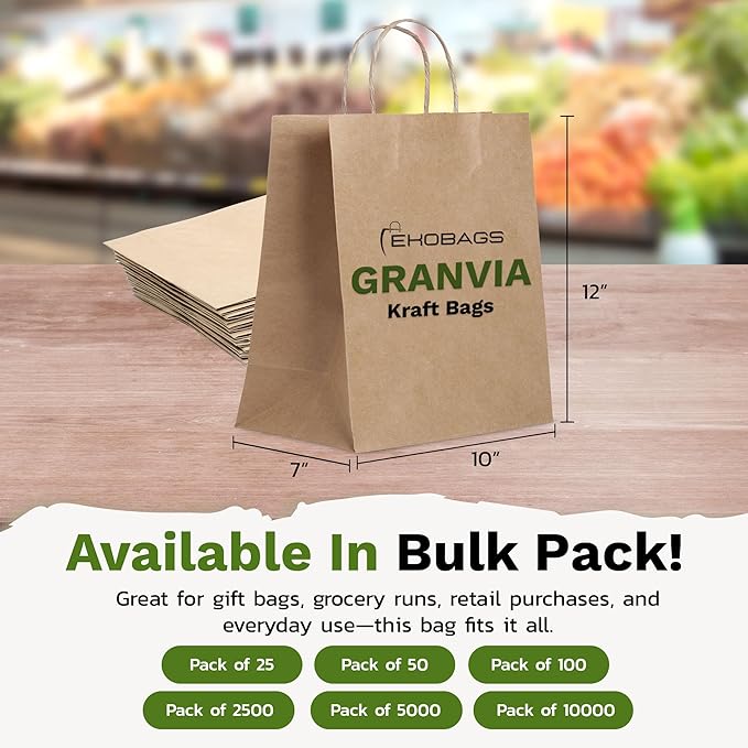 2.500 PACK | EKOBAGS Granvia |10x7x12 inches | Kraft Paper Gift Bags with Handles | 115 GSM Brown Paper Bags for Small Business, Shopping & Party Favors | Recyclable | Holds up to 13.8L/8 lbs