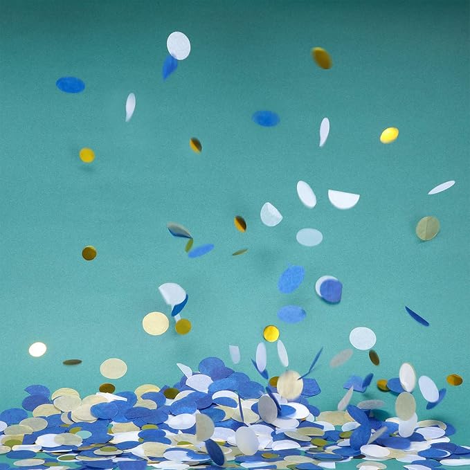 TecUnite Round Tissue Paper Table Confetti Dots for Wedding Birthday Party Decoration, 1.76 oz(Blue Gold Confetti,2.5 cm)