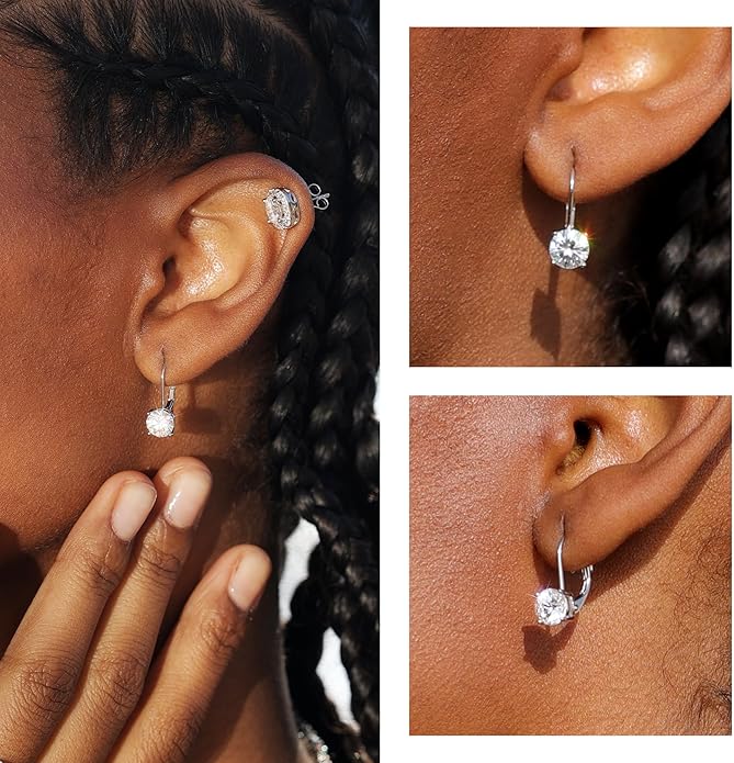Moissanite Earrings, White Gold Plated Soild Sterling Silver Dangle Earrings 1.0ct-2.0ct D Color Brilliant Round Cut Lab Created Moissanite French Leverback Drop Earring for Women