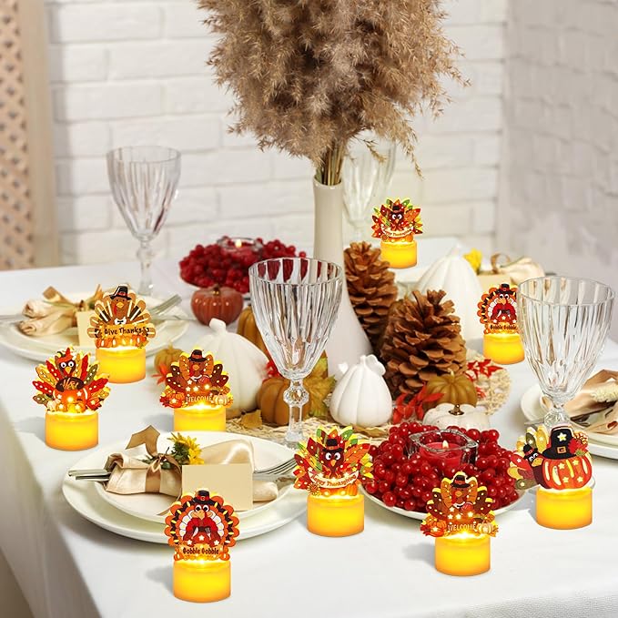 12 PCS Turkey Tea Lights Candles Thanksgiving Table Decorations, LED Flameless Tealight Candles Battery Operated Thanksgiving Decorations Centerpieces Turkey for Table Home Indoor Party Decor Gifts