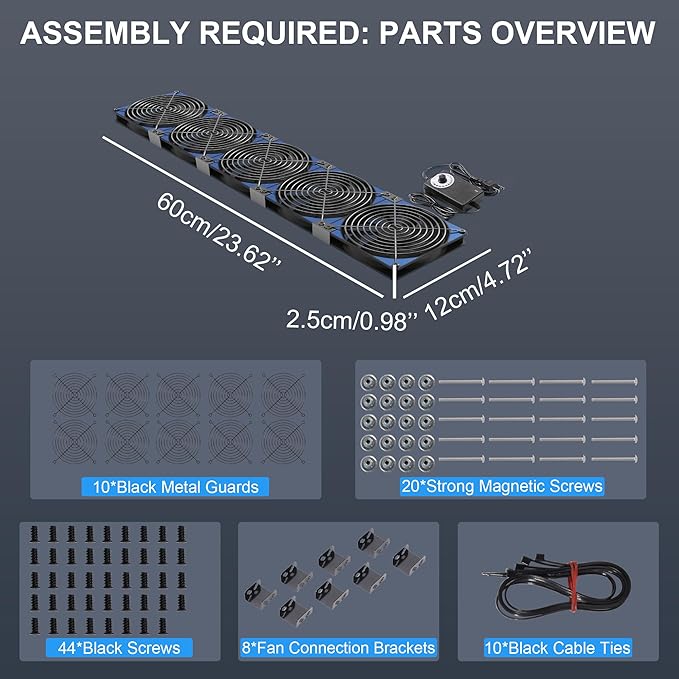 120mmx5 600mm Adjustable Computer PC Vent Fans 3V-12V Speed Controller for Flexible Arrange Rack Space Window Wall Cabinet Server Mining Rig Chicken Coop Exhaust Cooling