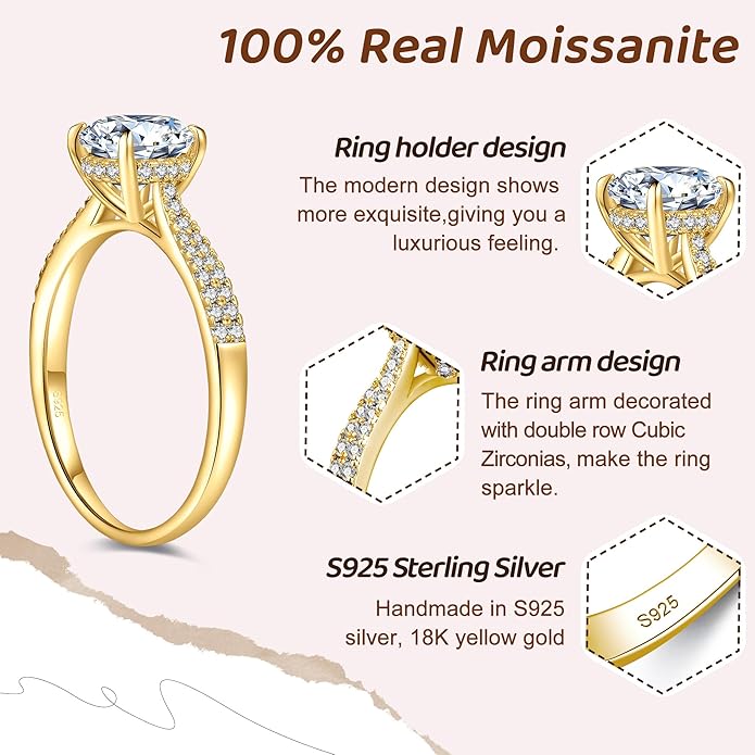 Moissanite Engagement Rings for Women,Promise Rings 925 Sterling Silver with 18K Yellow/White Gold Plated,D Color VVS1 Wedding Band Moissanite Ring 0.5/1/1.5/2/3/4CT