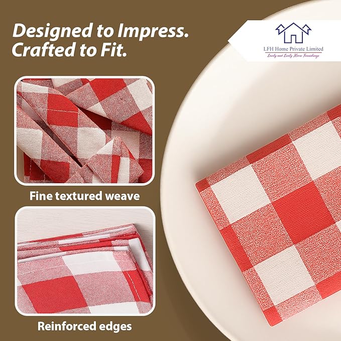 LFH Home 100% Cotton Cloth Reusable Dinner Napkins Set of 12 Washable Soft Decorative Buffalo Plaid Gingham and Checkered Table Napkins for Holidays Wedding Farmhouse Decor 18x18 Inch - Red & White
