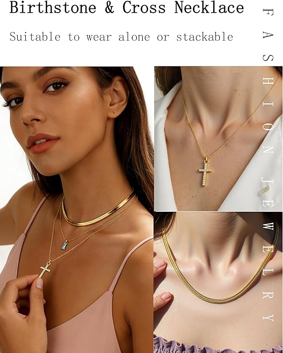 3Pcs Gold Layered Necklaces for Women, 14K Gold Plated Cross Necklace, Dainty Birthstone Necklace for Women, Herringbone Gold Necklaces Set, Stackable Women's Gold Pendant Necklaces Jewelry Set