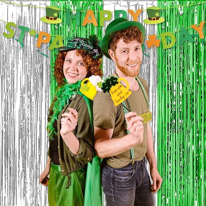 3 Pack Silver Green Foil Fringe Curtains Backdrop, 3.28 x 8.2 Ft Metallic Streamers Tinsel Curtains Background for Photo Booth, Birthday, Halloween, Christmas, Thanksgiving, New Year Party Decorations