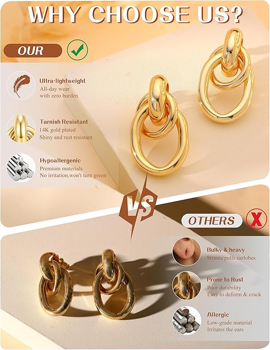 14K Gold Plated Knot Statement Earrings for Women Hypoallergenic Chunky Drop Dangle Earrings - Lightweight Fashion Accessories Gold Jewelry Gifts for Womens Trendy