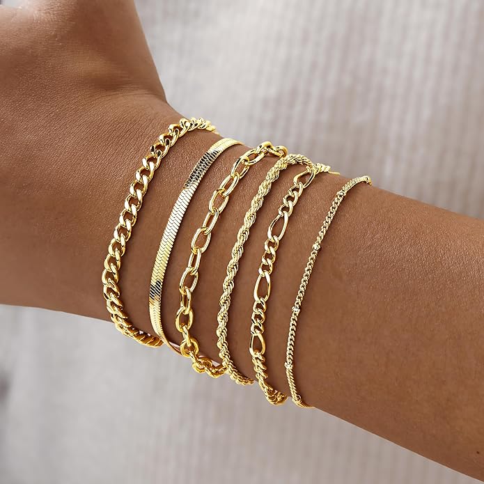 Gold Bracelets Set for Women Non Tarnish Trendy,14K Gold Plated Dainty Stackable Paperclip Cuban Link Chain Bracelets, Simple Cute Cuff Bracelets Jewelry Set Adjustable 7"+2"
