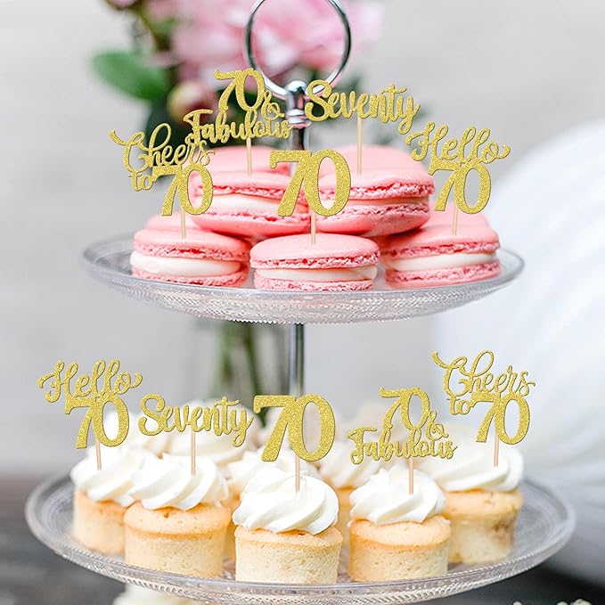 30PCS Happy 70th Birthday Cupcake Toppers Glitter Hello 70 Fabulous Seventy Cheers to 70 Years Old Birthday Cupcake Picks for Happy 70th Birthday Anniversary Party Cake Decorations Supplies Gold