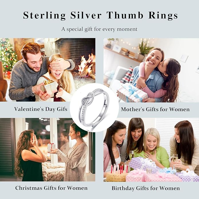 OOOPEL Sterling Silver Adjustable Ring S925 Silver Rings for Women Cubic Zirconia Twist Love Knot Dainty Ring Silver Minimalist Open Finger Rings Silver Thumb Sterling Silver Ring
