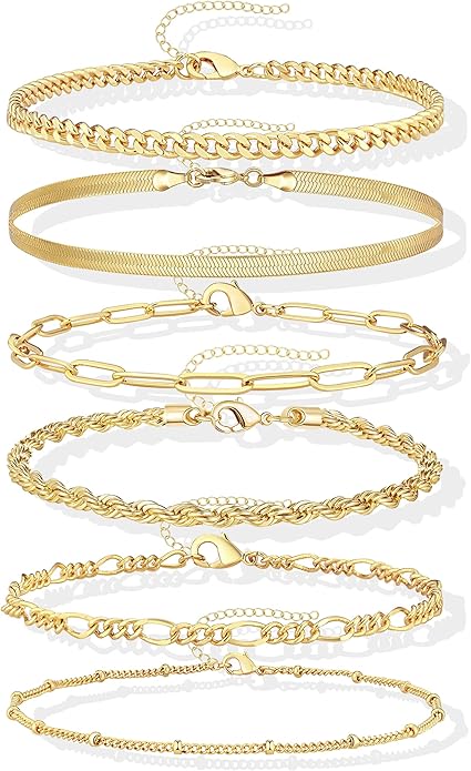 Gold Bracelets Set for Women Non Tarnish Trendy,14K Gold Plated Dainty Stackable Paperclip Cuban Link Chain Bracelets, Simple Cute Cuff Bracelets Jewelry Set Adjustable 7"+2"