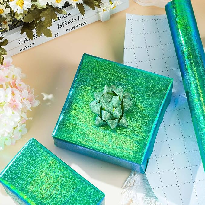 Yarcony Green Holographic Wrapping Paper - 17Inch X 32.8Feet - Shiny Green Iridescent Sparkle Wrapping Paper Luxury Embossed Gift Wrap for Birthday Wedding Bridal Shower Valentine's Day Mother's Day