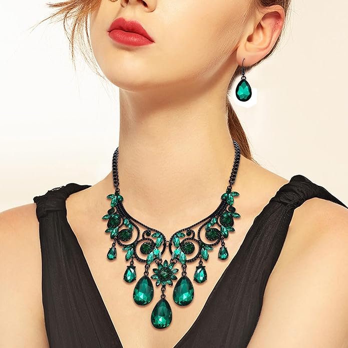 BriLove Women's Tribal Ethnic Crystal Chunky Statement Necklace Dangle Earrings Set
