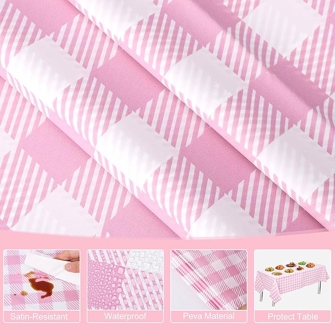 3 Pack Pink Gingham Tablecloths, 54 X 108Inch Disposable Party Table Covers Scalloped Pink Checkered Table Cloth Waterproof Pink White Tablecloth for Picnic Birthday Barbecue Tea Party Wedding