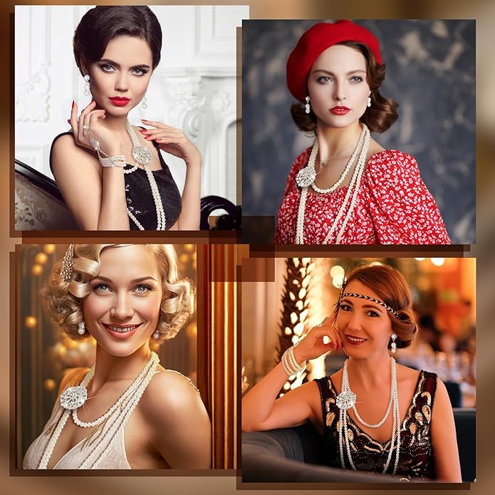 Maitys 3 Pcs 1920s Pearl Jewelry Set Includes Vintage Flapper Earrings Multilayer Imitation Pearl Necklace Bracelet for Women