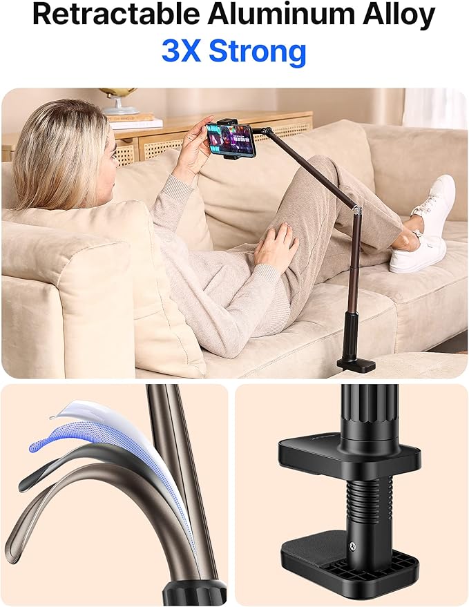 JSAUX Phone Holder for Desk and Bed Compatible with iPhone 16 15 14 13 12 Overhead Phone Mount Gooseneck Phone Stand Flexible 360 Lazy Long Arm Clamp Clip for Table Bedside [1-Pack, Black]