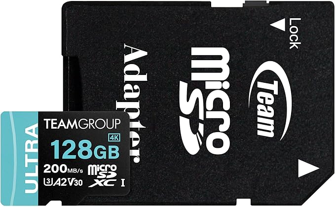 TEAMGROUP A2 Ultra Card 128GB Micro SDXC UHS-I U3 A2 V30, R/W up to 200/80 MB/s with Adapter TULMSDX128GIA2V3022503