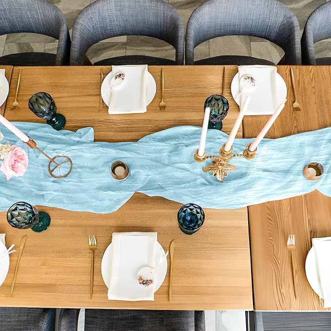 Cheesecloth Table Runner 6 Pack – 35x120 Inch (10ft) Boho Rustic Gauze Cloth Runners – Crinkle Polyester Table Decor for Wedding, Baby Shower, Bridal Shower, Birthday Party and More (Sky Blue)