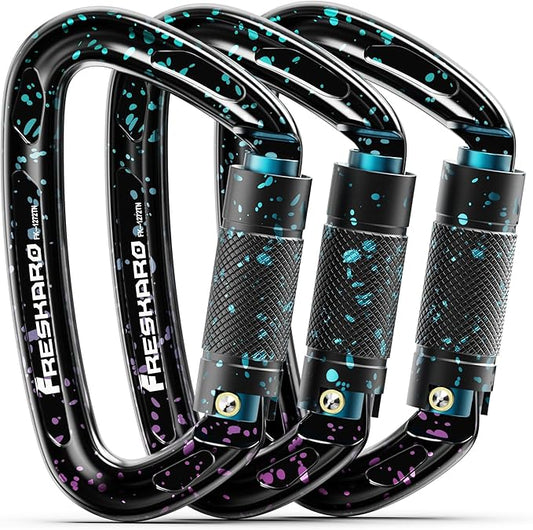 FresKaro UIAA Certified 25KN Auto Locking Climbing Carabiner Clips, Twist Lock, and Heavy Duty Carabiners for Rock Climbing, Rappelling, and Mountaineering, D Shaped