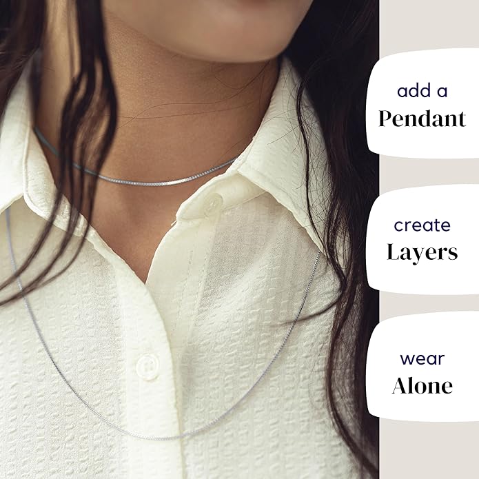 KISPER 925 Solid Sterling Silver 1mm Dainty Thin Box Chain Necklace for Women, Italian Made Tarnish Resistant Waterproof Hypoallergenic, 14 16 18 20 22 24 30 inches