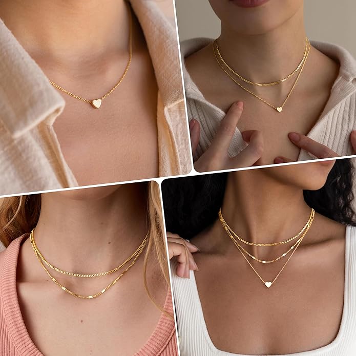 Layered Gold Necklaces for Women, Stackable Dainty 14K Gold Silver Plated Trendy Simple Heart Diamond Cross Bow Circle Pendant Paperclip Choker Dot Chain Necklace,Jewelry Set Gifts for Women