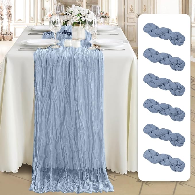 Cheesecloth Table Runner 6 Pack – 35x120 Inch (10ft) Boho Rustic Gauze Cloth Runners – Crinkle Polyester Table Decor for Wedding, Baby Shower, Bridal Shower, Birthday Party and More (Dusty Blue)