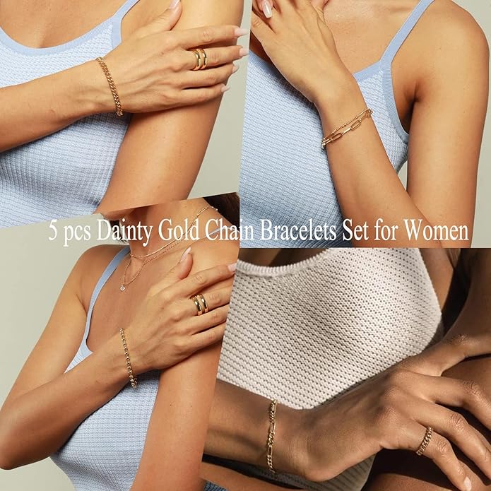 Gold Bracelets Set for Women Non Tarnish Trendy,14K Gold Plated Dainty Stackable Paperclip Cuban Link Chain Bracelets, Simple Cute Cuff Bracelets Jewelry Set Adjustable 7"+2"