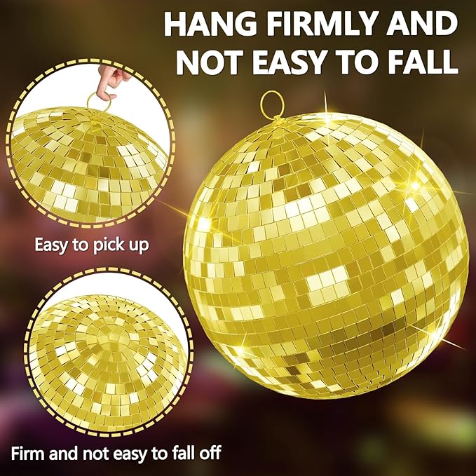 Mirror Disco Ball with Hanging Ring | 12"/16"/20" Mirror Disco Ball for DJ Club,Party,Wedding,Home Decor | Shiny,Easy Installation | with Hanging Ring | Golden, Pink 16inch Golden