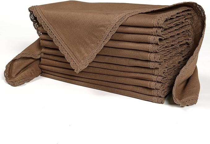 Ramanta Home Linen Flax Cloth Napkins Set of 12| 18x18 Inch | Premium Cotton Linen Flax Lace Soft & Durable | Washable Ideal for Everyday Use Parties Thanksgiving Christmas Halloween Brown