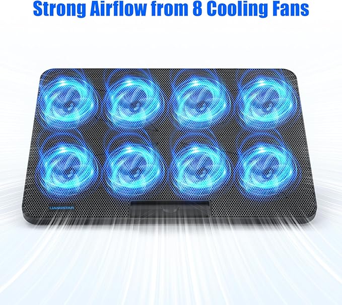LIANGSTAR Laptop Cooling Pad, Laptop Cooler with 8 Quiet Fans for 12-17 Inch Gaming Laptop Fan Cooling Pad Stable Stand 7 Height & Wind Speed Adjustable, 2 USB Port & Phone Holder