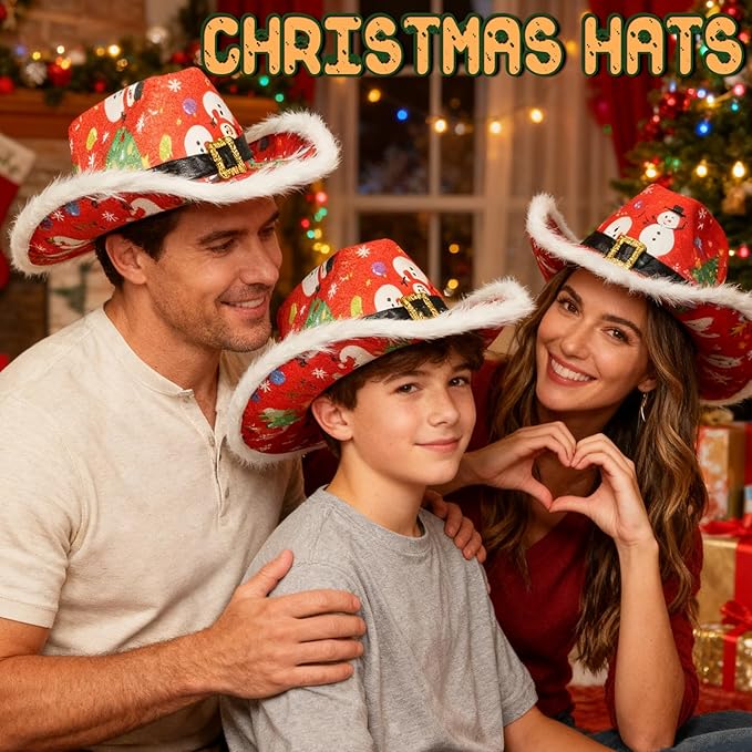 Christmas Cowgirl Santa Hat Wide Brim Felt with Feather and Belt Buckle Cowboy Fedora Hat Featuring Christmas Tree Snowman Reindeer Snowflake Multicolor