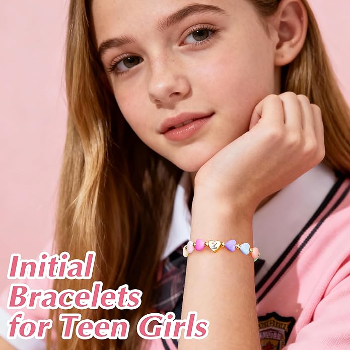 Valentines Day Gifts for Kids Women Girls, Initial Heart Bracelets for Teen Girls Young Women Bulk, Cute Preppy Letter A-Z Charm Bracelet, Personalized Happy 3-18 Year Old Birthday Gifts for Daughter, Lover, Sisters, Toddler