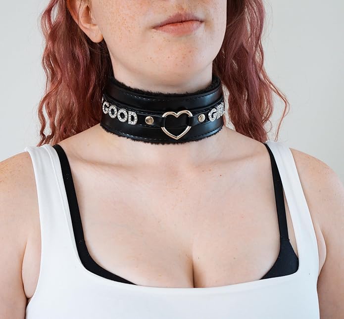 Pink Furry Heart O-ring Leather Choker Collar For Women, Handmade Punk Gothic Letter Necklace Adjustable Fashion Jewelry