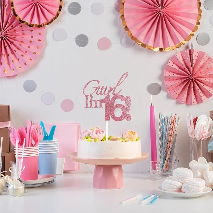 Giiirl I'm 15 Cake Topper - Pink Glitter Sweet 15 Birthday Decorations for Girls, Funny 15th Party Supplies for Teens, Girly I'm 15 Cake Decor (Giiirl I’m 15！, 15th)