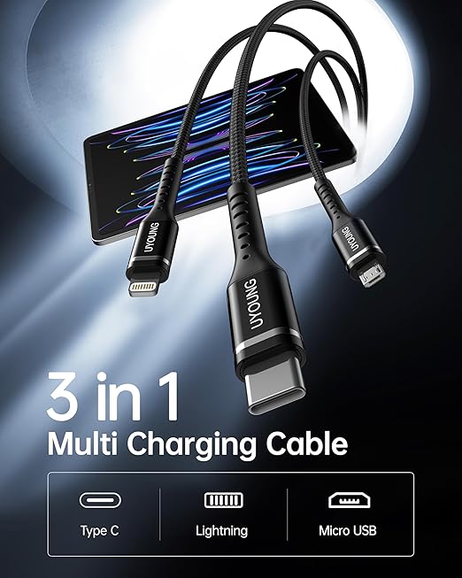 Multi Charging Cable 2Pack 4FT, 3 in 1 Charger Cable Braided Universal Phone Charging Cord with Lightning/Type C/Micro USB Ends, Multiple USB Cable for iPhone/Samsung/Google Cell Phones and More