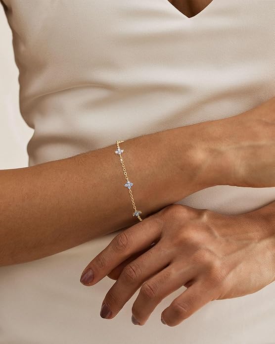 JSJOY Birthstone Bracelets for Women, 14K Gold Bracelets for Women Mom Gifts Birthday Valentines Day Gifts for Gf Dainty Flower Gift for Her Birthstone Bracelet Mothers Day Gift