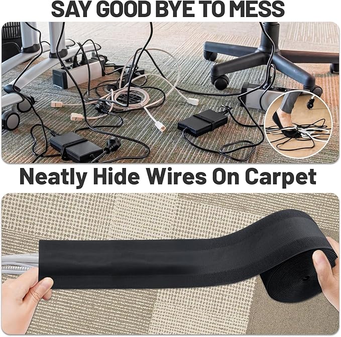 IHKFILAN Carpet Cord Cover Carpet Cable Management Under Desk Cable Grip Strip Black Hook and Loop Tape Cable Polyester Cover Protect Cables to Prevent Tripping Over Wires for Homes & Office (30ft)