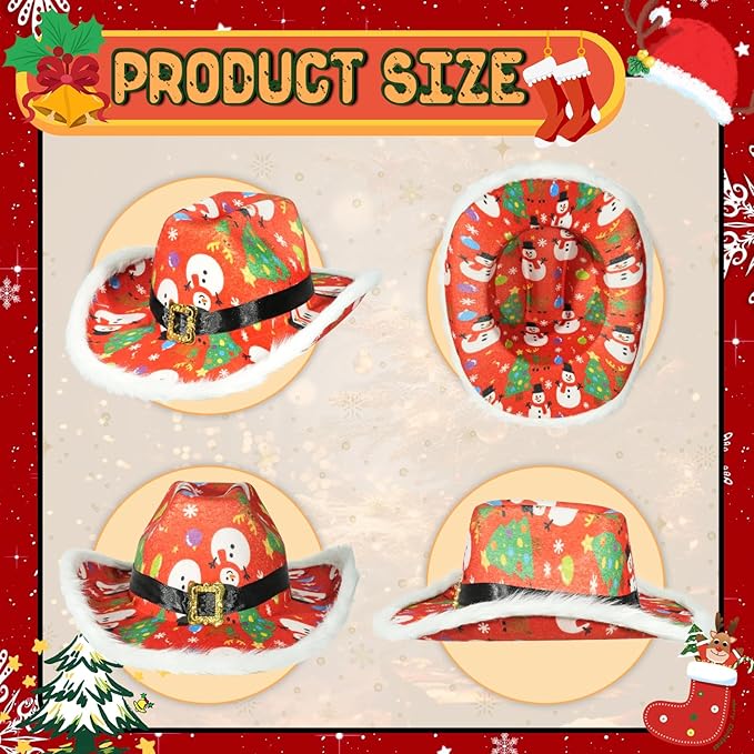 Christmas Cowgirl Santa Hat Wide Brim Felt with Feather and Belt Buckle Cowboy Fedora Hat Featuring Christmas Tree Snowman Reindeer Snowflake Multicolor