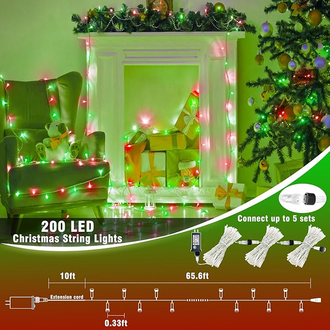 Vivideal 200 LED Red and Green Christmas Lights - 66ft String Lights Indoor Clear Wire 8 Modes Plug in Waterproof Fairy Light with Timer Memory for Indoor Outside Bedroom Home Party Decorations