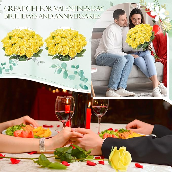 Hotop 80 Pcs Rose Artificial Flowers Bulk with Long Stem, Silk Roses Realistic Fake Flowers Bouquet for Wedding Table Centerpieces Bridal Shower Party Home Decorations(Yellow)