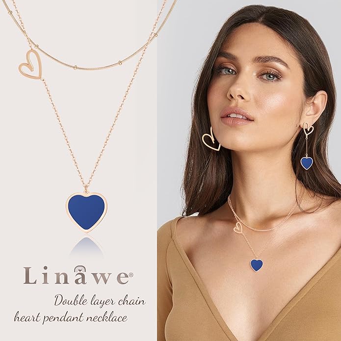 Linawe Layered Choker Heart Pendant Necklace for Women Trendy, Gold/Silver/Rose Gold Chain Stainless Steel Stacked Necklaces, Double Heart Necklace Y2K Preppy Jewelry